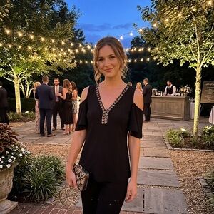 AUW Black Women's Cold Shoulder Top with Beaded Neckline